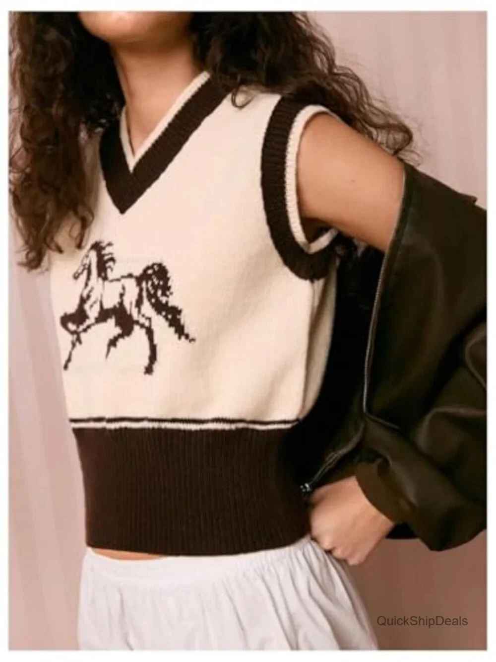 Women's Knit Sweater Vest Horse Graphic V-Neck Sleeveless Tank Top